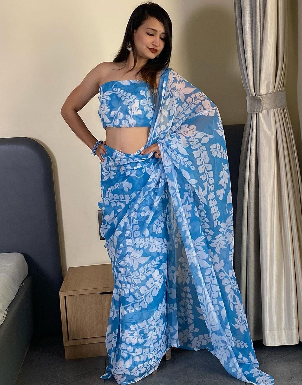 Dodger Blue Pure Soft Georgette With Printed Ready To Wear Saree