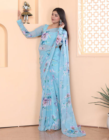 Sky Blue Pure Soft Georgette With Printed Ready To Wear Saree