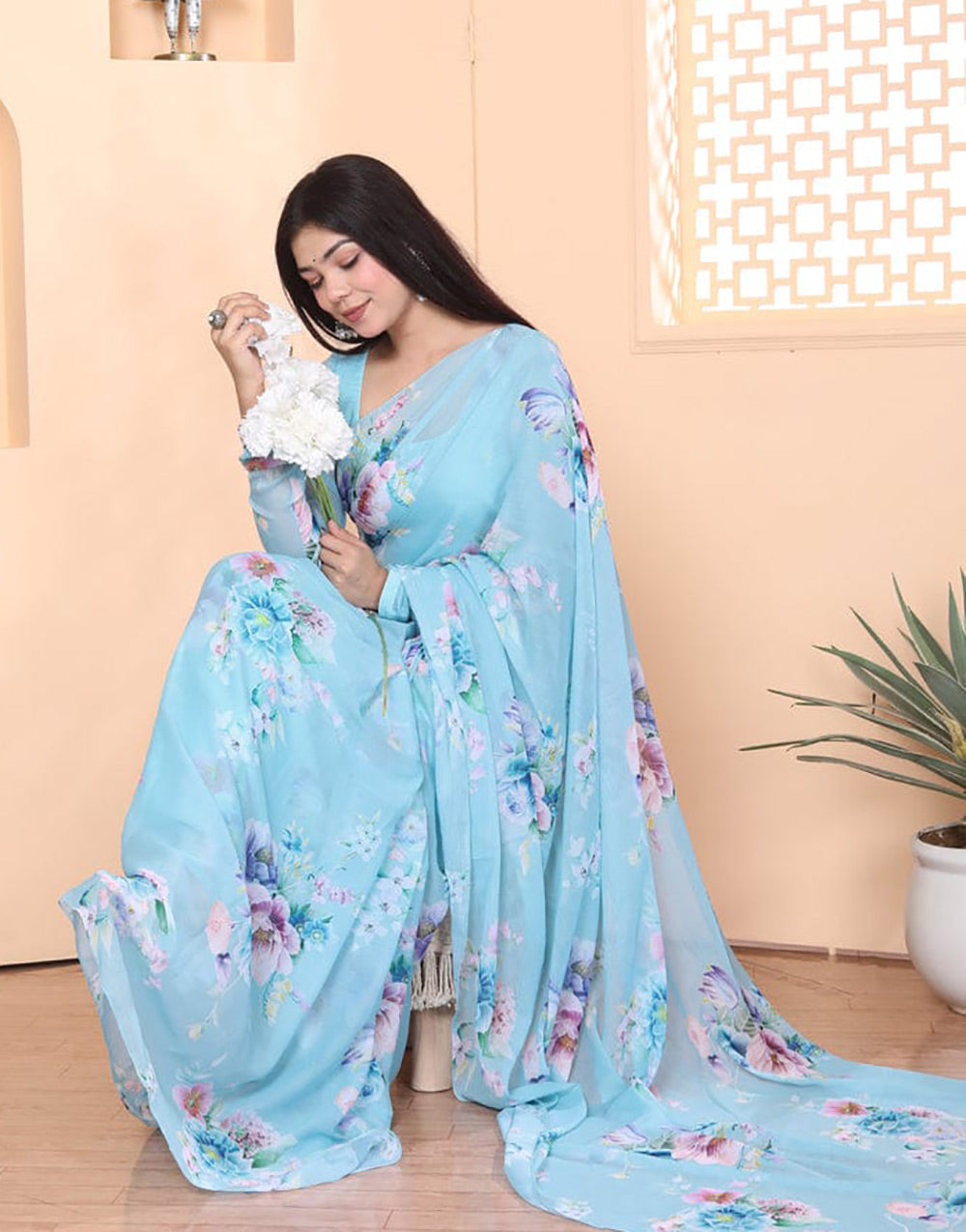 Sky Blue Pure Soft Georgette With Printed Ready To Wear Saree