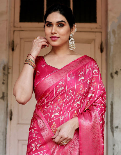 Dark Hot Pink Silk Saree With Digital Printed Work