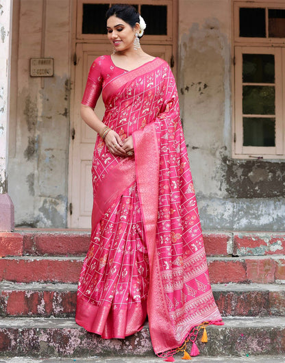 Dark Hot Pink Silk Saree With Digital Printed Work