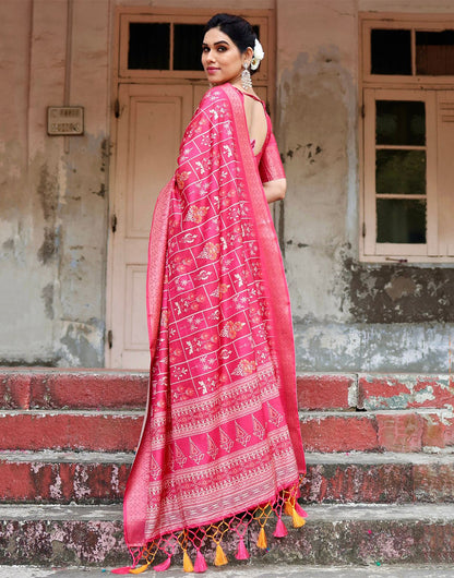 Dark Hot Pink Silk Saree With Digital Printed Work