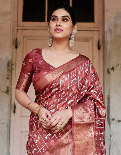 Brick Red Silk Saree With Digital Printed Work