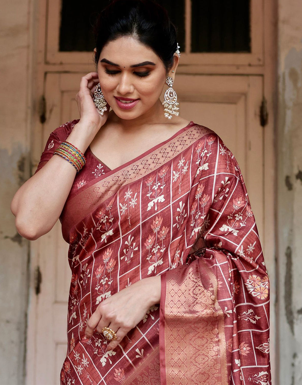 Brick Red Silk Saree With Digital Printed Work