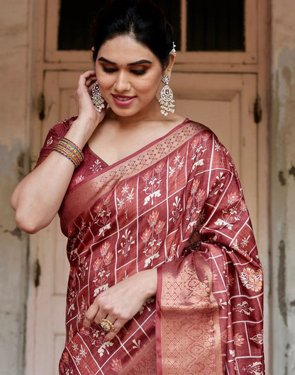 Brick Red Silk Saree With Digital Printed Work