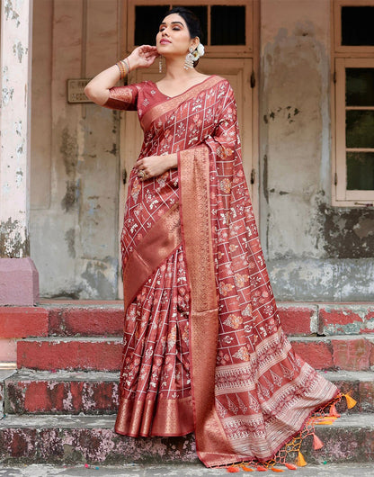 Brick Red Silk Saree With Digital Printed Work