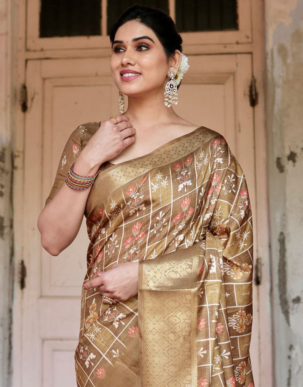 French Beige Silk Saree With Digital Printed Work