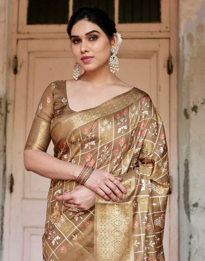 French Beige Silk Saree With Digital Printed Work