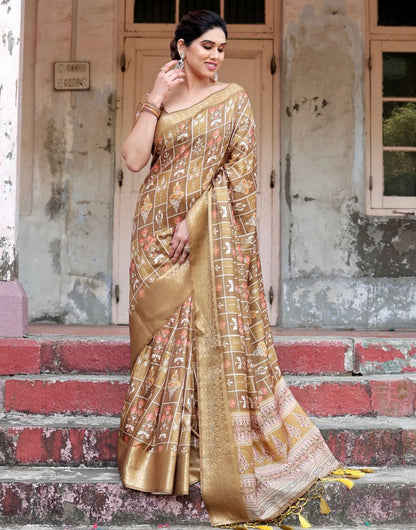 French Beige Silk Saree With Digital Printed Work