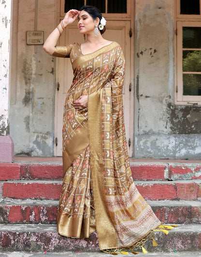 French Beige Silk Saree With Digital Printed Work