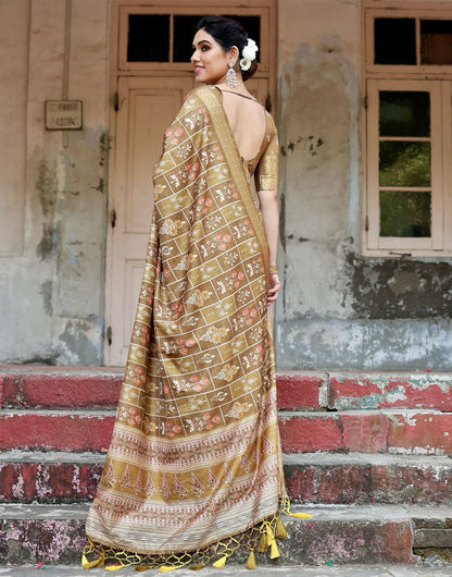 French Beige Silk Saree With Digital Printed Work