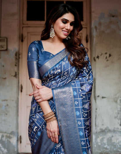 Prussian Blue Silk Saree With Digital Printed Work