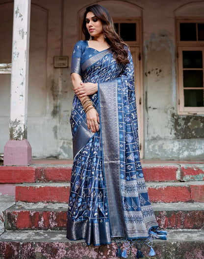 Prussian Blue Silk Saree With Digital Printed Work