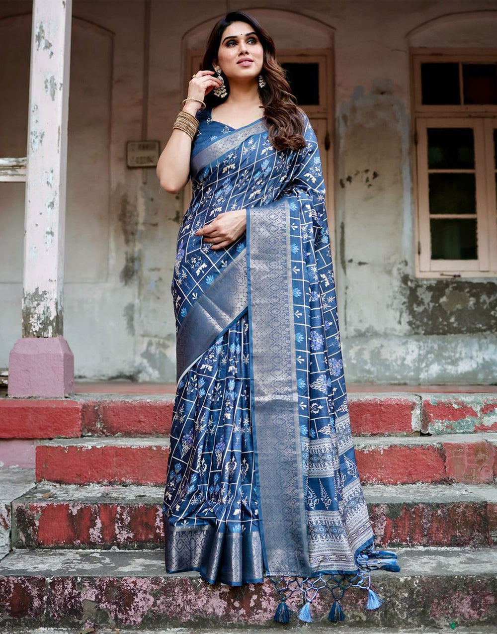 Prussian Blue Silk Saree With Digital Printed Work