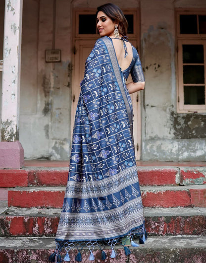 Prussian Blue Silk Saree With Digital Printed Work