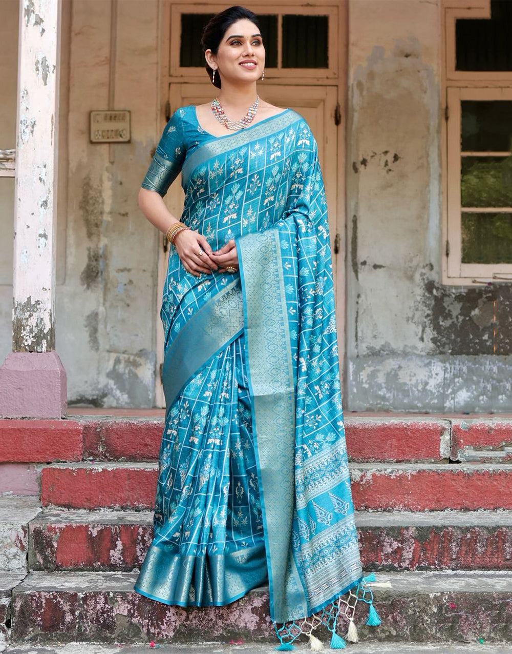 Cerulean Blue Silk Saree With Digital Printed Work