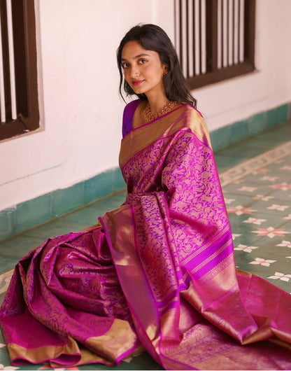 Dark Magenta Banarasi Silk Saree With Gold Zari Weaving Work