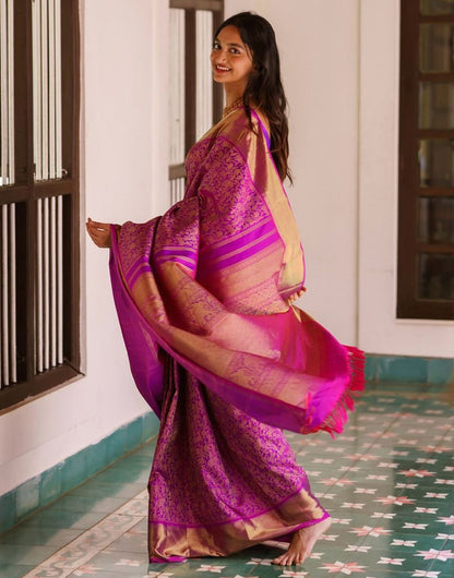Dark Magenta Banarasi Silk Saree With Gold Zari Weaving Work