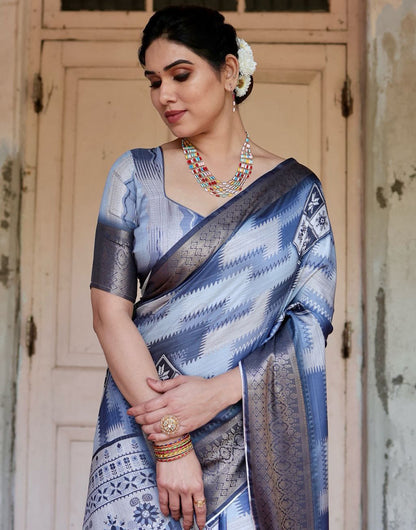 Blue Silk Saree With Digital Printed Work