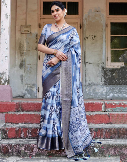 Blue Silk Saree With Digital Printed Work