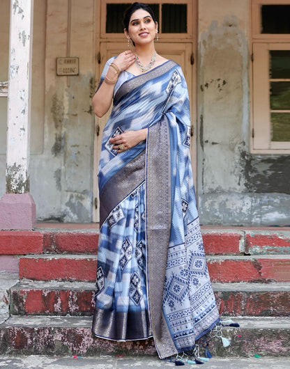 Blue Silk Saree With Digital Printed Work