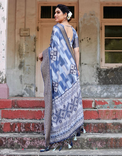 Blue Silk Saree With Digital Printed Work