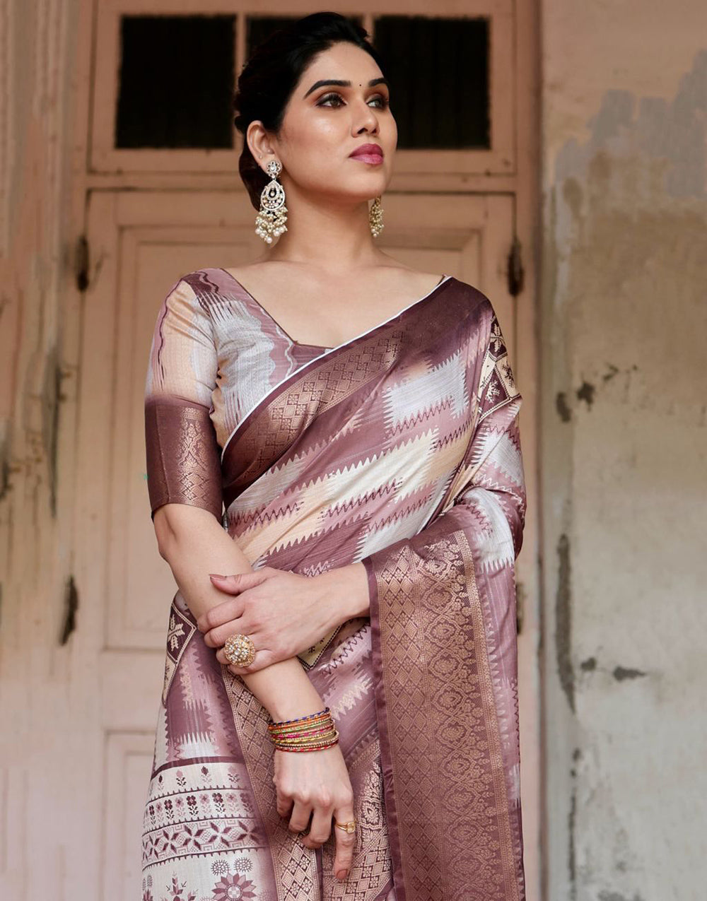 Brown Silk Saree With Digital Printed Work