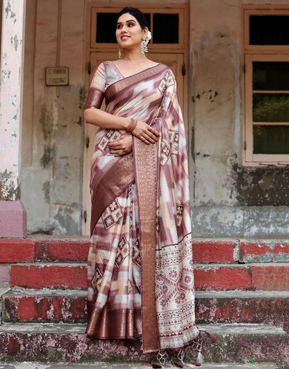 Brown Silk Saree With Digital Printed Work