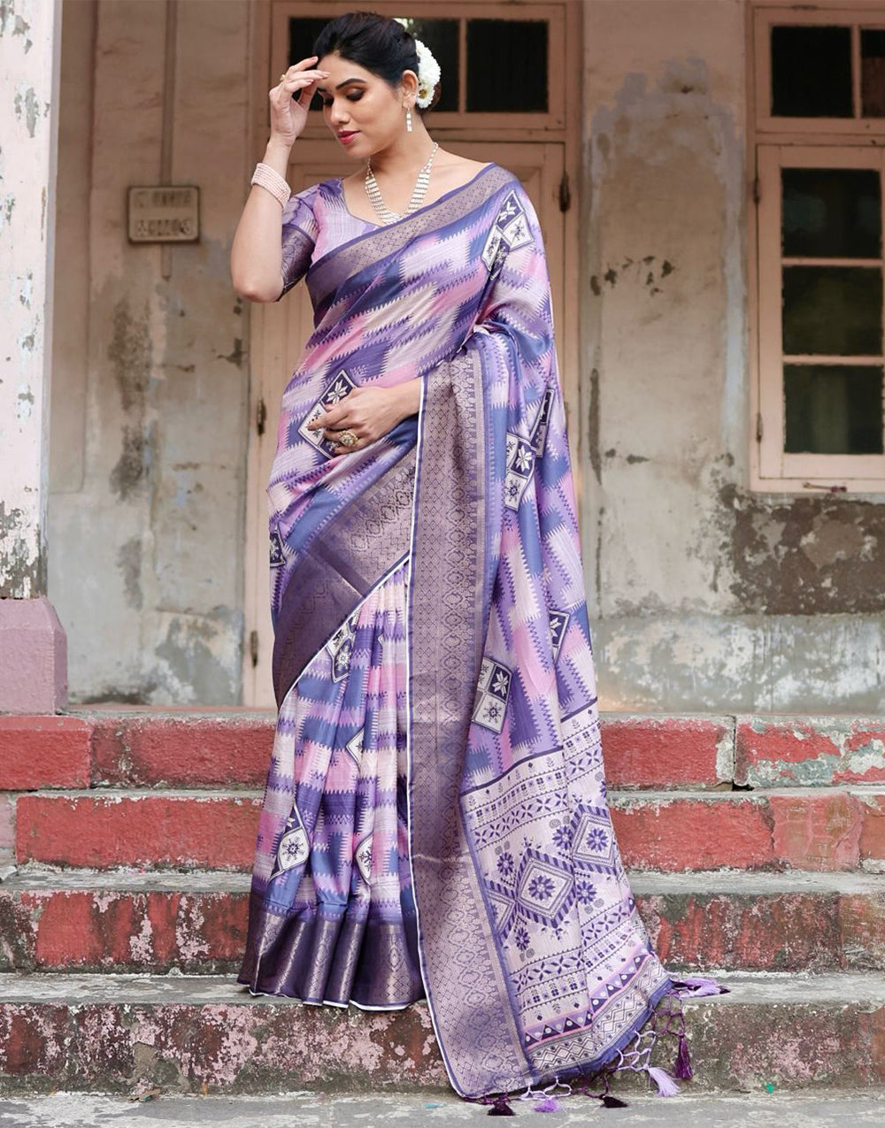 Heather Purple Silk Saree With Digital Printed Work