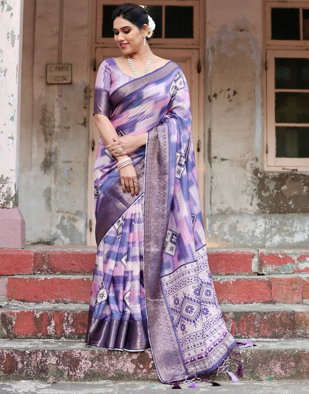 Heather Purple Silk Saree With Digital Printed Work