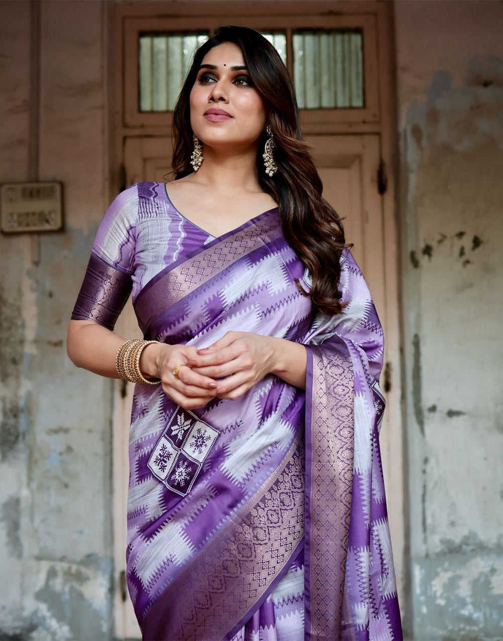 Royal Purple Silk Saree With Digital Printed Work