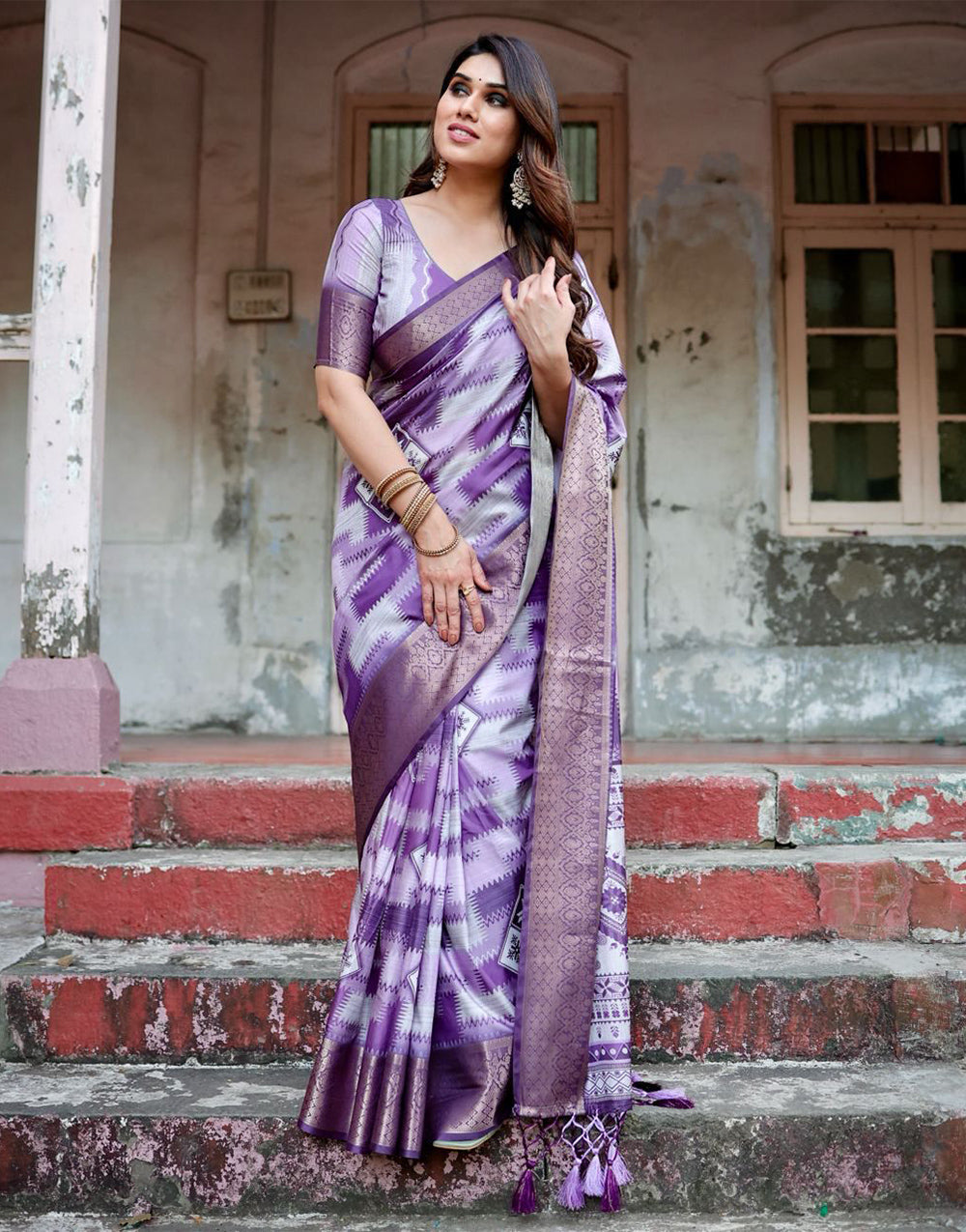 Royal Purple Silk Saree With Digital Printed Work