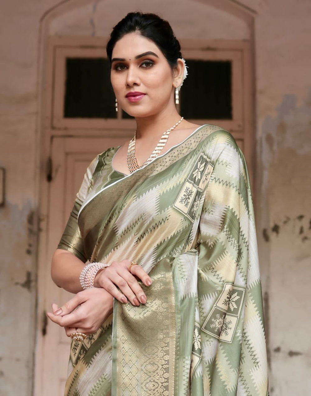 Pista Green Silk Saree With Digital Printed Work