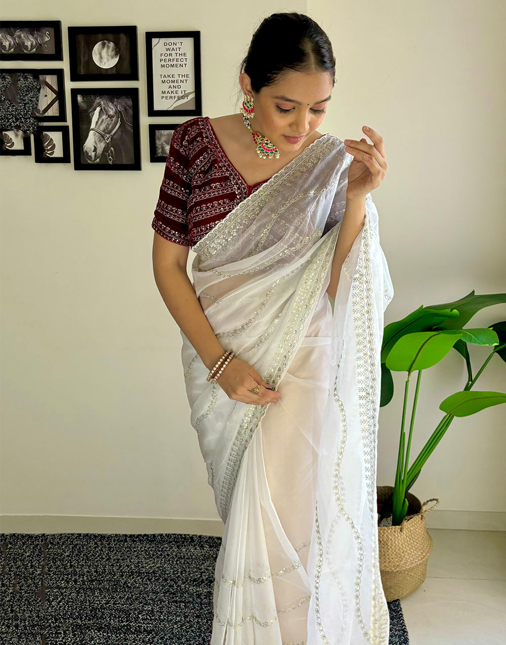 White Organza Saree With Zari & Sequence Work