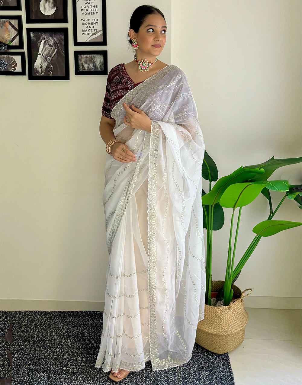 White Organza Saree With Zari & Sequence Work