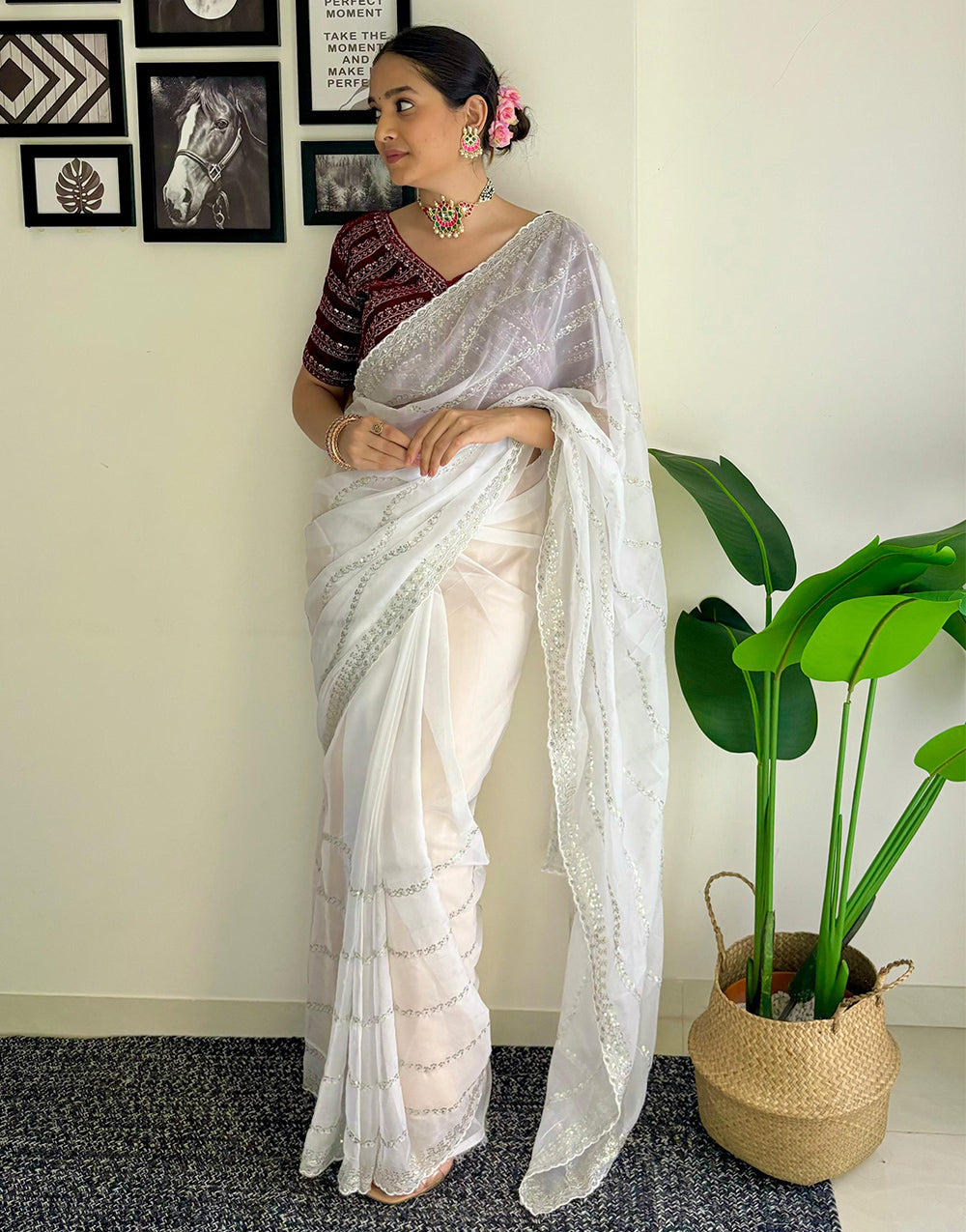 White Organza Saree With Zari & Sequence Work