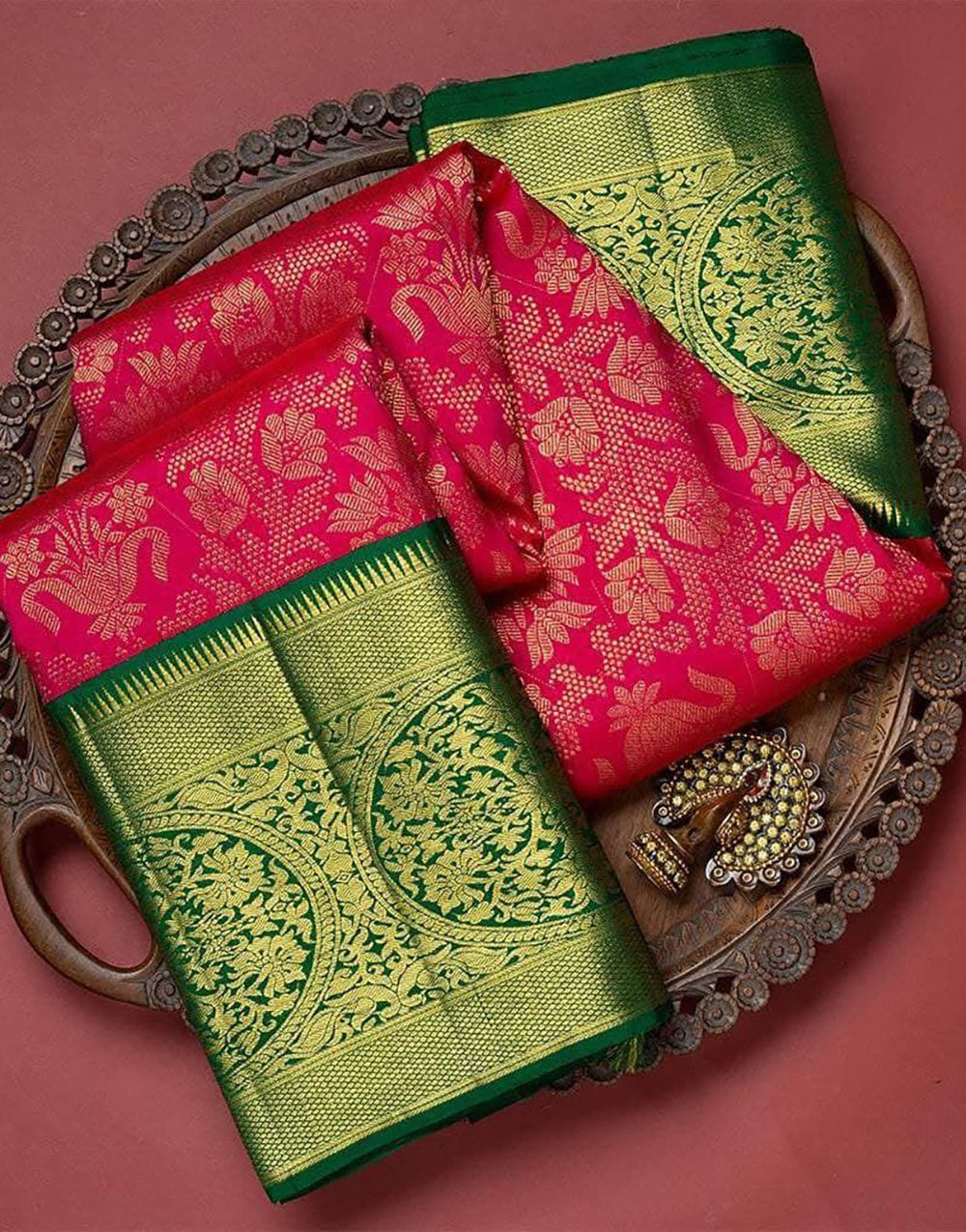 Cerise Pink Soft Lichi Silk Saree With Zari Weaving Work