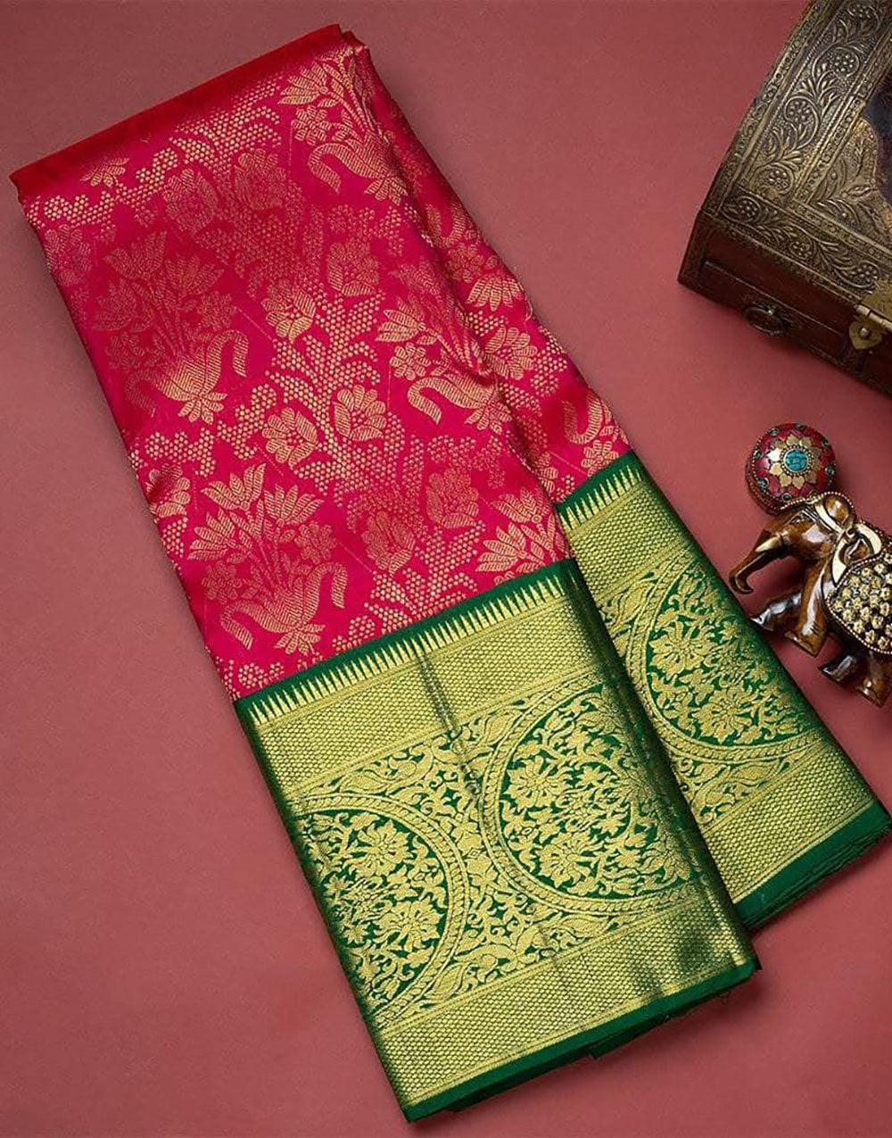 Cerise Pink Soft Lichi Silk Saree With Zari Weaving Work