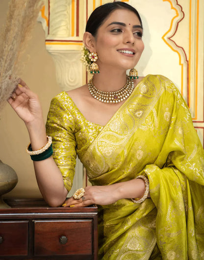 Pear Yellow Banarasi Silk Saree With Zari Weaving Work