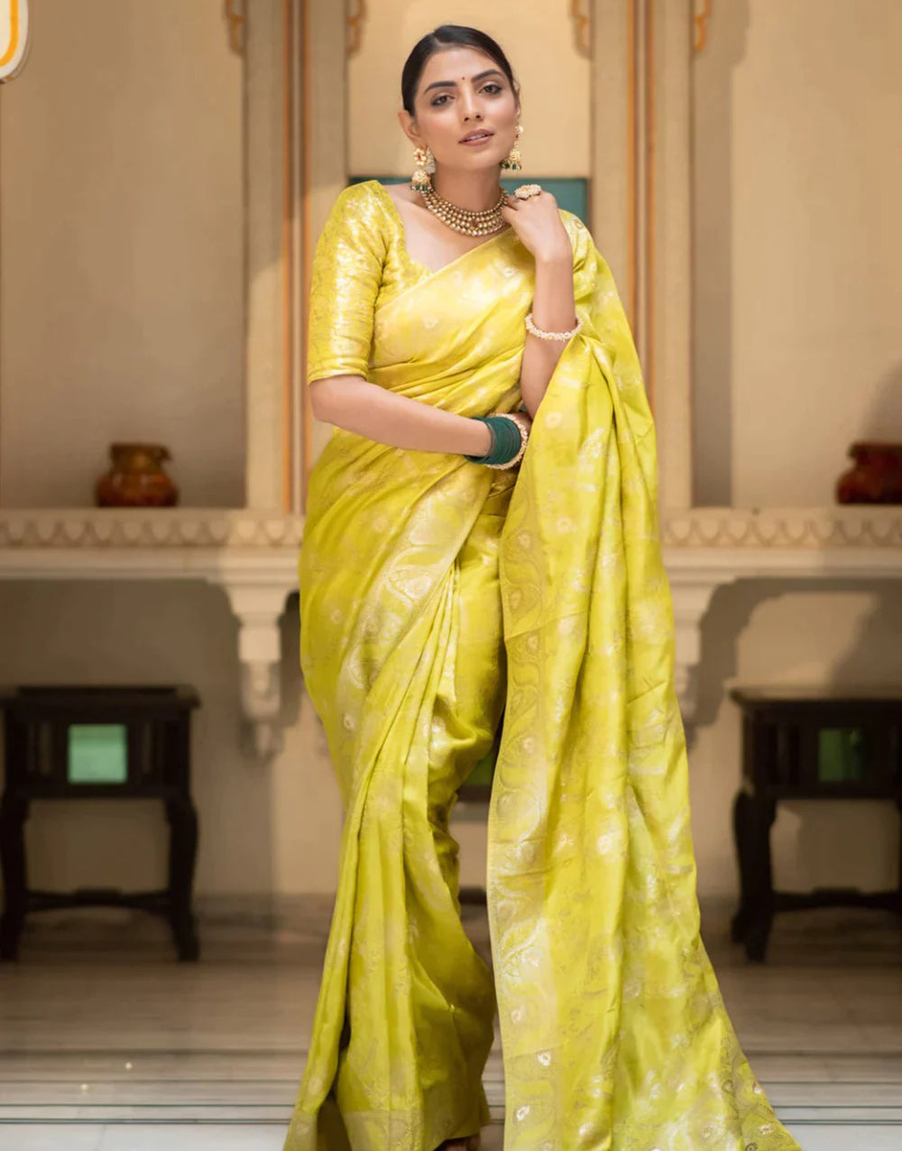 Pear Yellow Banarasi Silk Saree With Zari Weaving Work