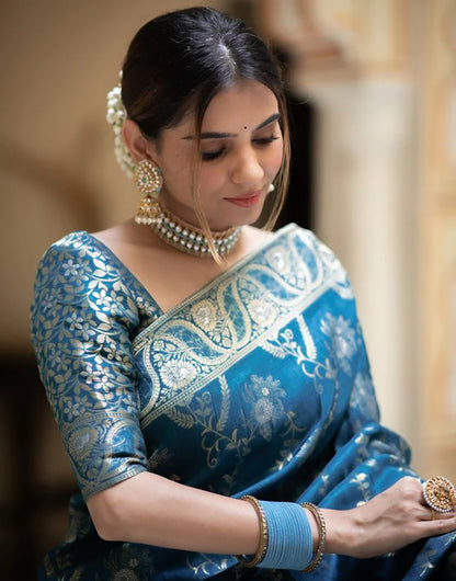 Sea Blue Banarasi Silk Saree With Zari Weaving Work