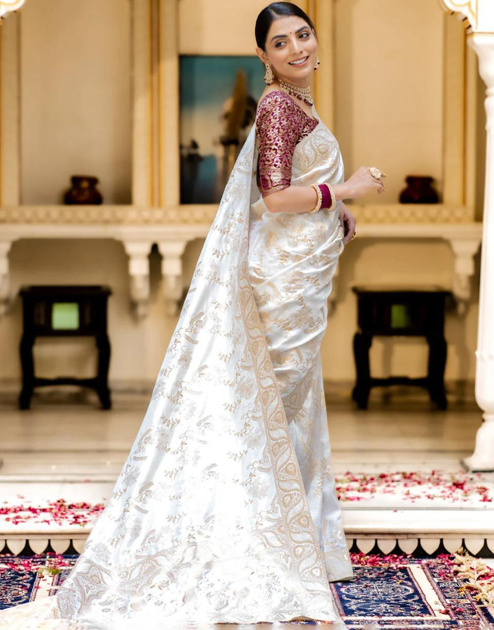 White Banarasi Silk Saree With Zari Weaving Work