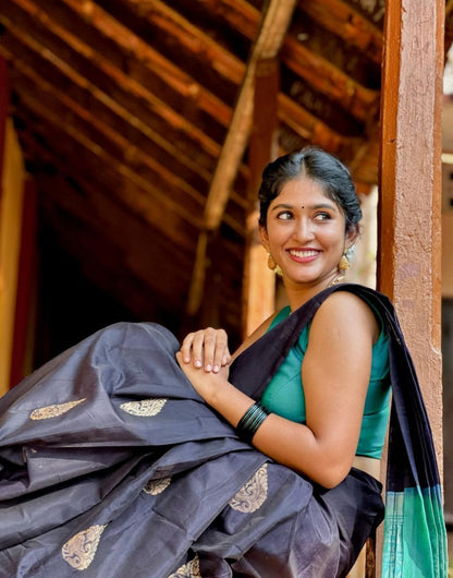 Black & Tiffany Blue Silk Saree With Weaving Work