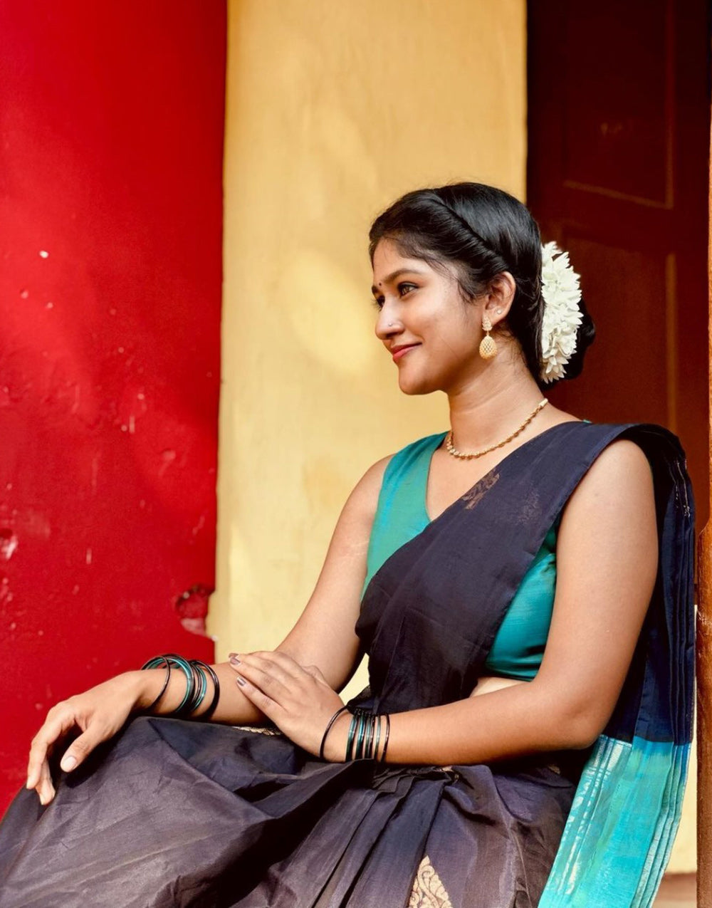 Black & Tiffany Blue Silk Saree With Weaving Work