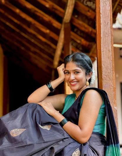 Black & Tiffany Blue Silk Saree With Weaving Work