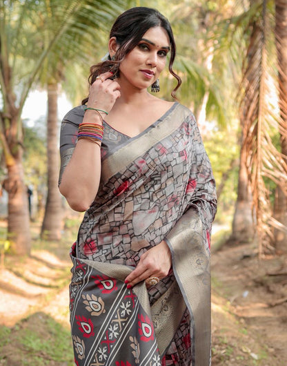 Fossil Gray Silk Saree With Printed & Weaving Border