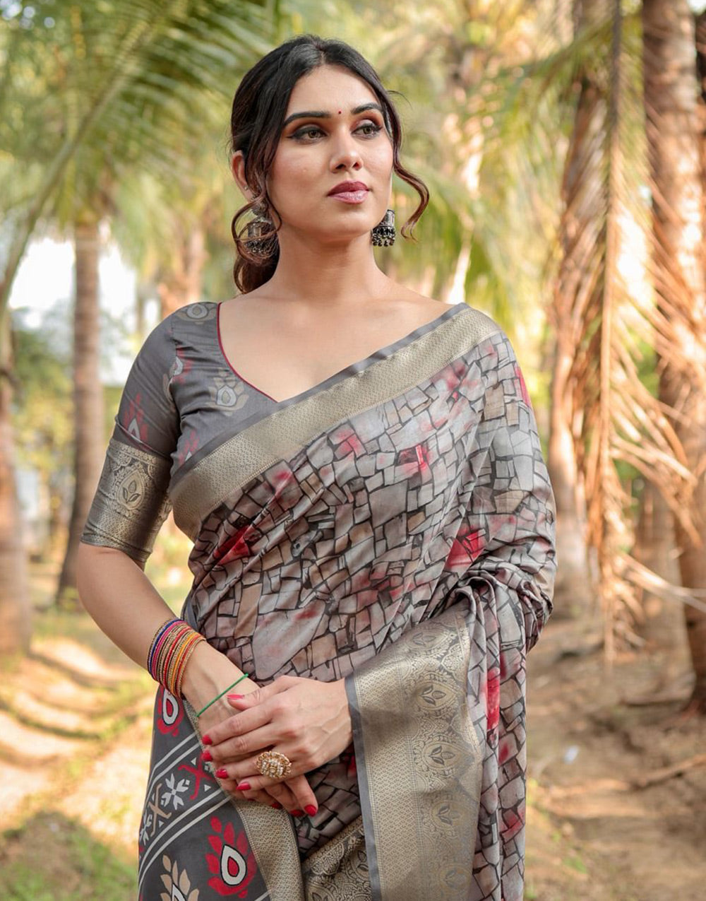 Fossil Gray Silk Saree With Printed & Weaving Border