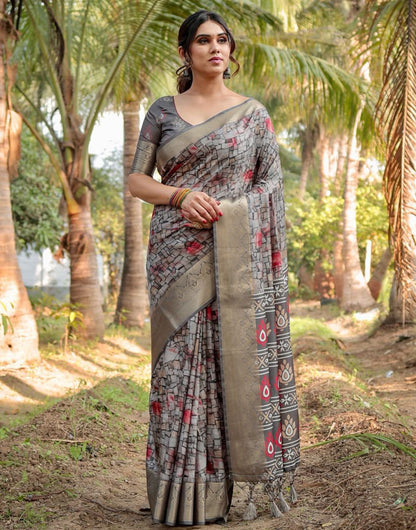 Fossil Gray Silk Saree With Printed & Weaving Border