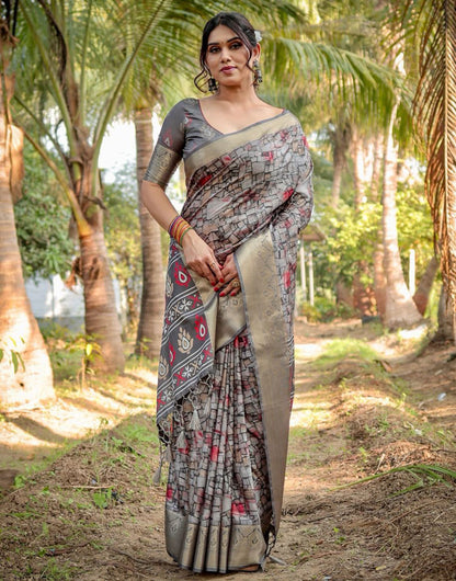 Fossil Gray Silk Saree With Printed & Weaving Border