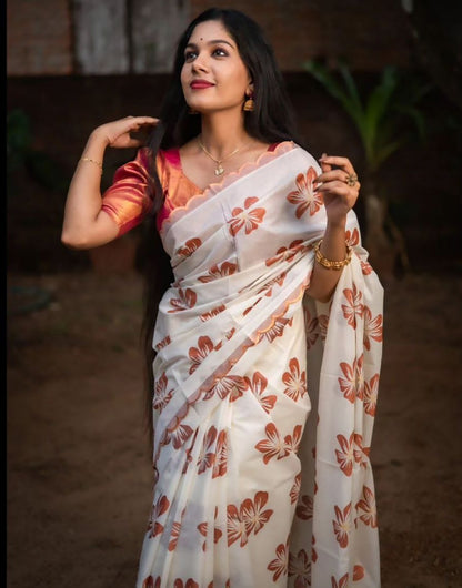 White Silk Saree With Weaving Work